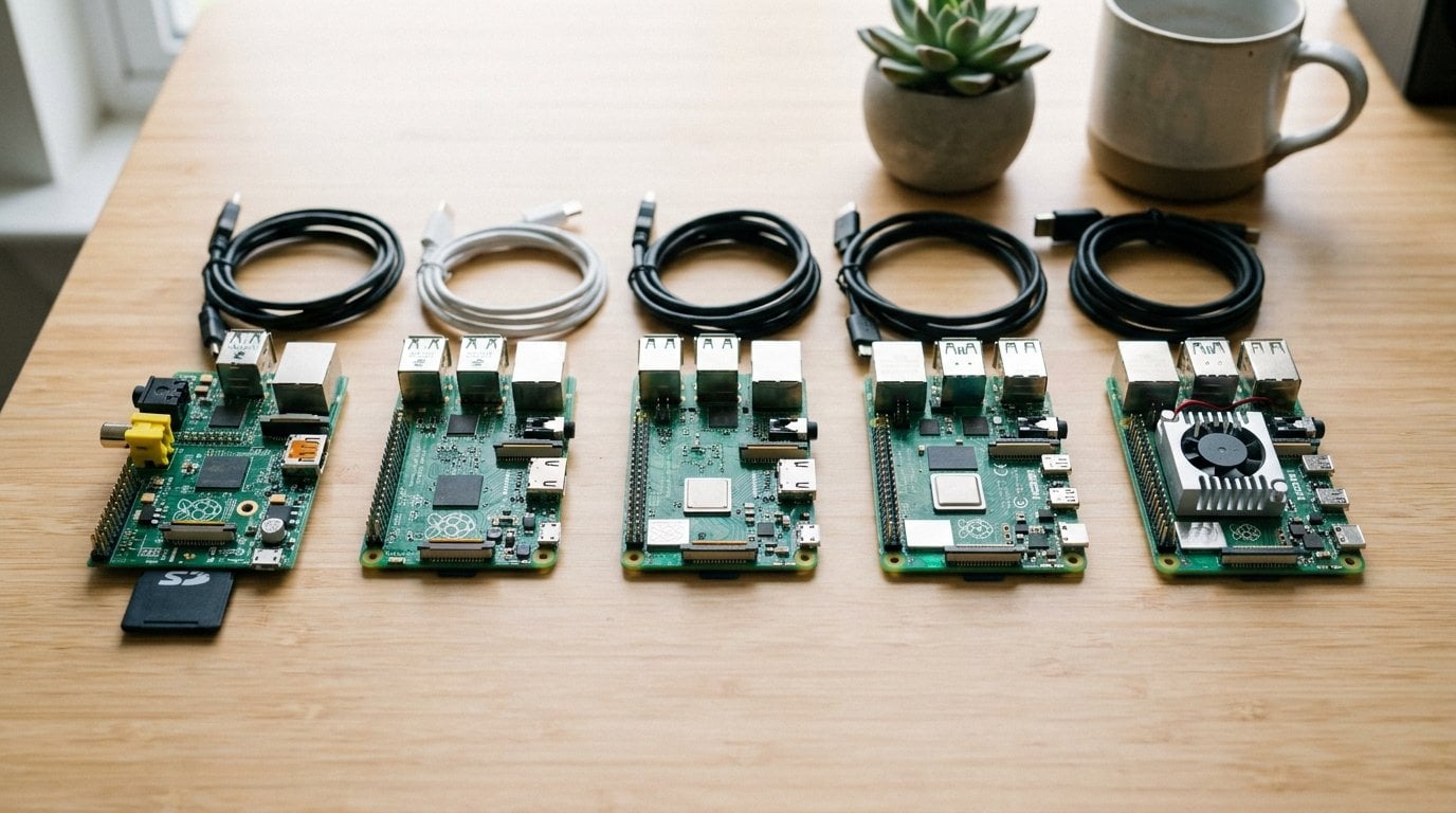Fünf Raspberry-Pi-Generationen nebeneinander auf einem Holztisch – vom Model B 2012 bis zum Pi 5