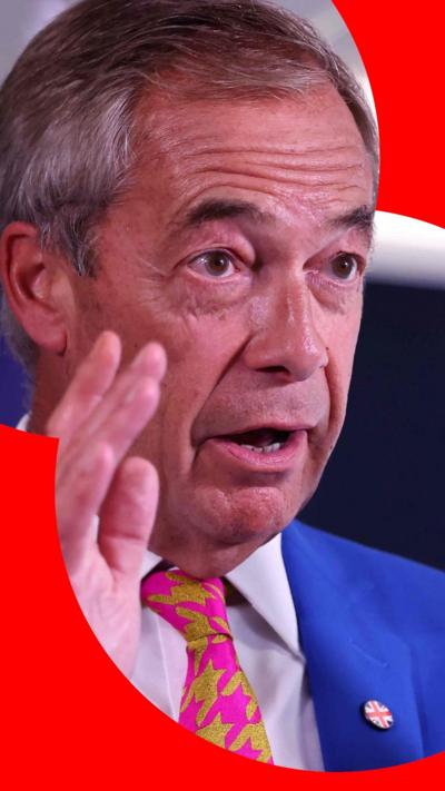 Nigel Farage has short grey hair, he wears a blue suit with a white shirt