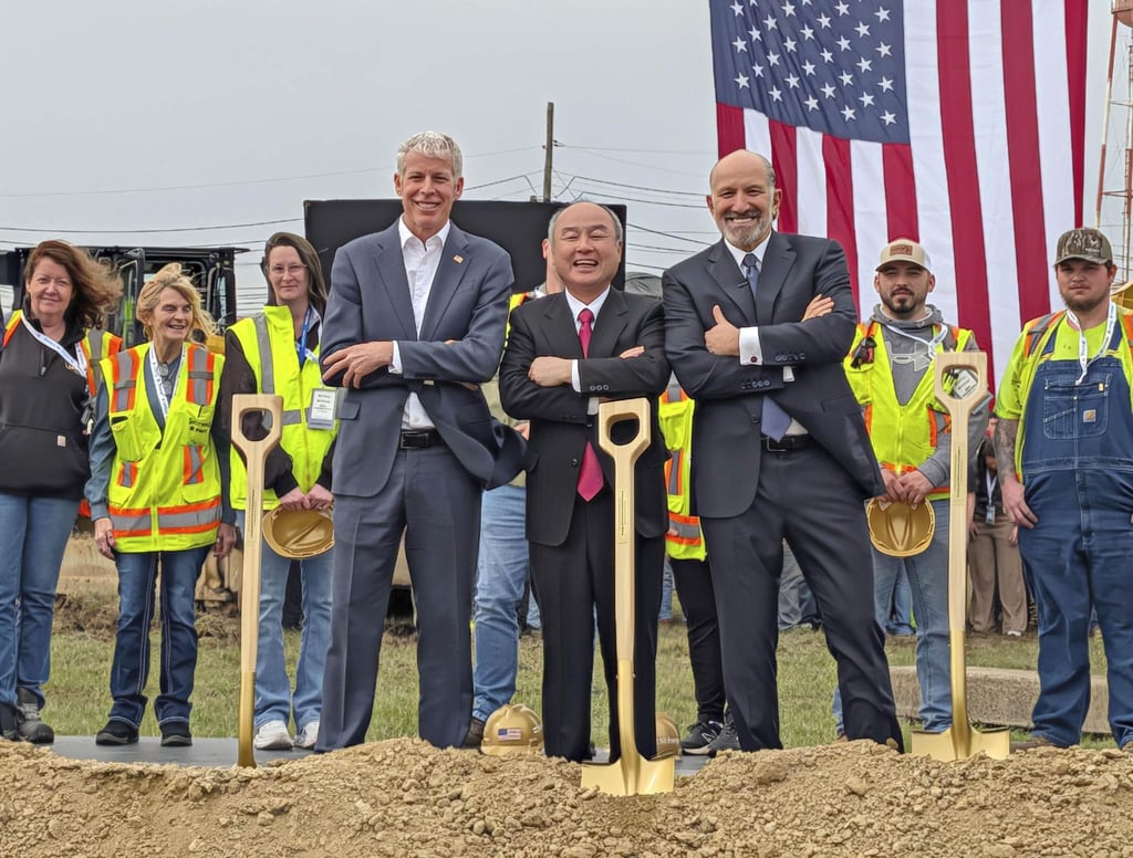 SoftBank Group Chairman Masayoshi Son (centre) and US Commerce Secretary Howard Lutnick (right) attend a groundbreaking ceremony for a gas-fired power plant in Piketon, Ohio, on March 20. Photo: Kyodo SoftBank Group Chairman Masayoshi Son (centre) and US Commerce Secretary Howard Lutnick (right) attend a groundbreaking ceremony for a gas-fired power plant in Piketon, Ohio, on March 20. Photo: Kyodo