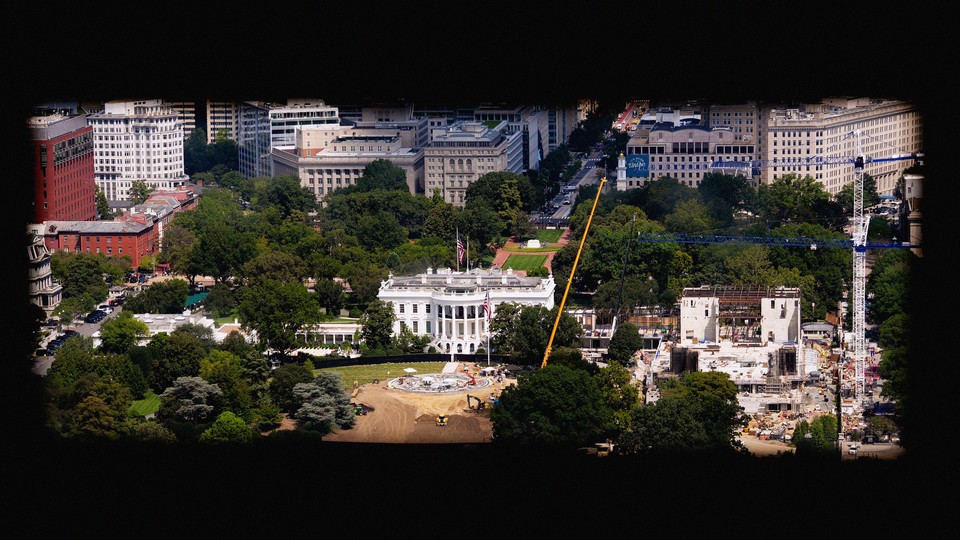 A view from the Washington Monument of the White House, which contains a busy construction site where the ballroom will soon rise.
