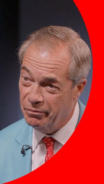 Farage in a blue suit and red tie.