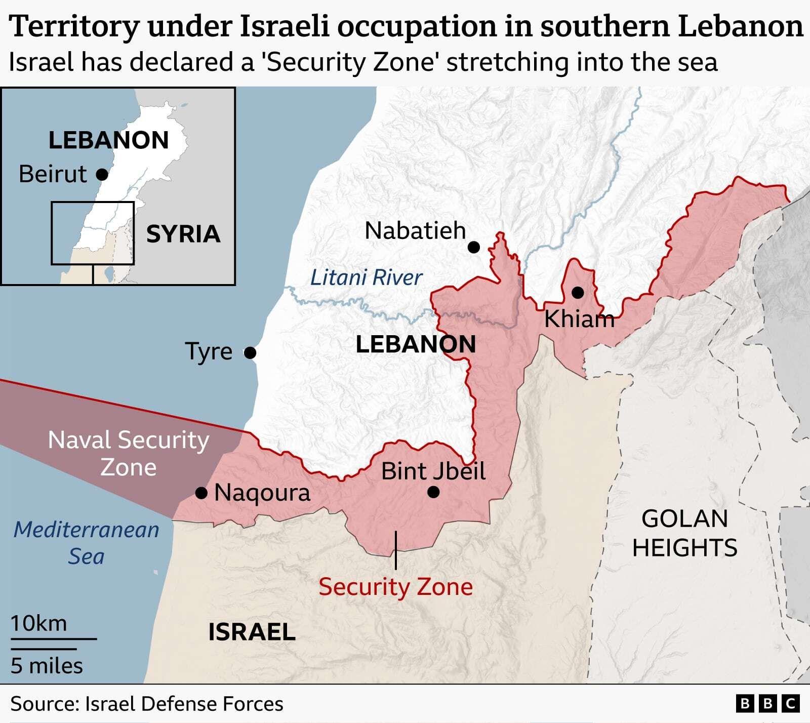 BBC map of the Security Zone enforced by the Israeli Defence Forces in southern Lebanon. Areas along the Israel-Lebanon border marked in pink are currently occupied by Israeli troops. The zone is an area within Lebanon stretching from the Mediterranean coast near Naqoura, taking in Bint Jbeil, Khiam and continuing north of the Golan Heights. The map also shows a shaded maritime area which Israel has declared a Naval Security Zone