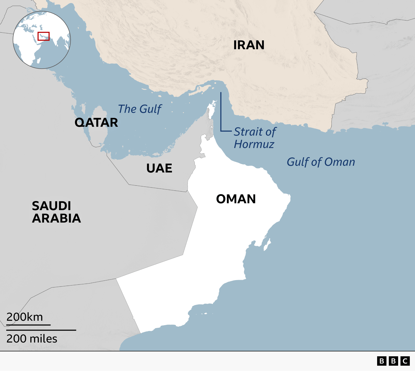 A map of the Gulf region shows the Strait of Hormuz, the narrow waterway between Iran and Oman that connects the Gulf to the Gulf of Oman. Qatar, the United Arab Emirates (UAE) Saudi Arabia and Oman are labelled, with the strait highlighted at the entrance to the Gulf.