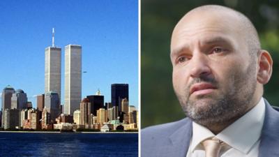 A split screen of the Twin Towers on the right and a man with tears in his eyes wearing a suit on the right.