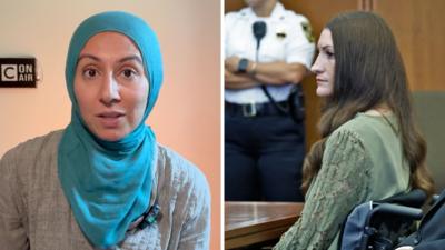 On the left, Asma Khalid; on the right, Lindsay Clancy sits in the courtroom.