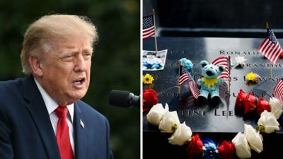 On the left, Trump speaks into a mic; on the right, flowers and flags place on victims' names.