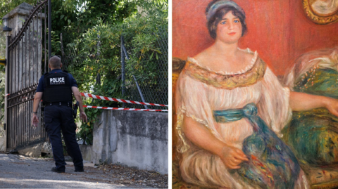 A composite image of two photos. On the left a local policeman with the words POLICE on his back stands next to a hole in the outer fence of the Renoir Museum. There is police tape across the fence. On the right is a painting of a woman sitting on an old-fashioned chaise-longue. She is wearing a floaty white dress with a piece of blue fabric as a belt.