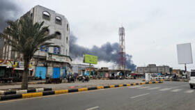 Smoke rises during Houthi missile and drone strikes on the Red Sea port city of Mocha, Yemen, August 9, 2026.