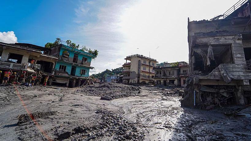 Floodwaters cover low-lying areas and settlements near the Bhotekoshi River in Nuwakot, Nepal