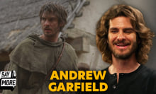A split screen shows Andrew Garfield as The Ploughman in 'The Uprising' (left) and him again during his interview with Mashable (right)