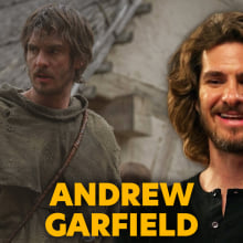 A split screen shows Andrew Garfield as The Ploughman in 'The Uprising' (left) and him again during his interview with Mashable (right)