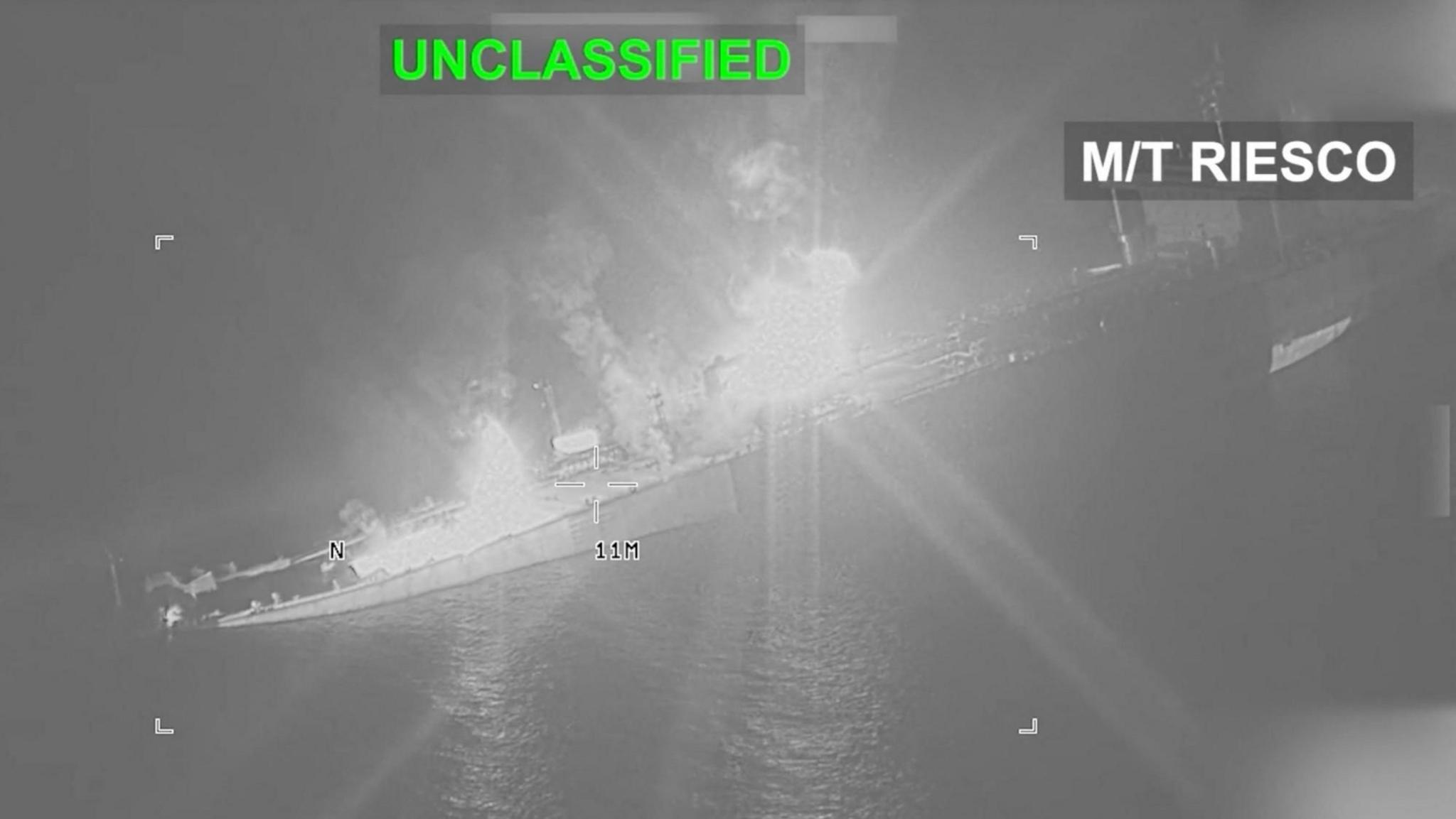 An Iranian crude oil carrier identified as M/T Riesco is seen ablaze and sinking in the Gulf Oman following a US attack, in a video released by Centcom (8 September 2026)