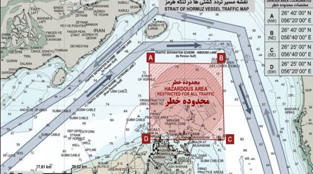 Iranian graphic shows alternative transit corridors near Larak Island, directing vessels away from traditional shipping lanes in the Strait of Hormuz amid reported mine risks.