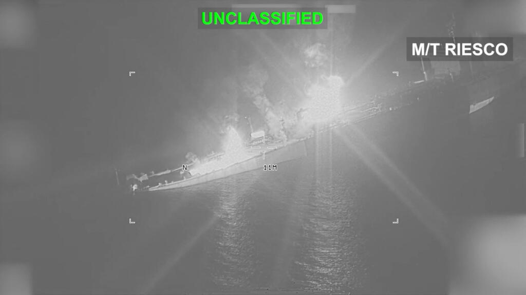 An Iranian crude oil carrier identified as M/T Riesco burns as it sinks after being struck by the US on September 8, 2026.