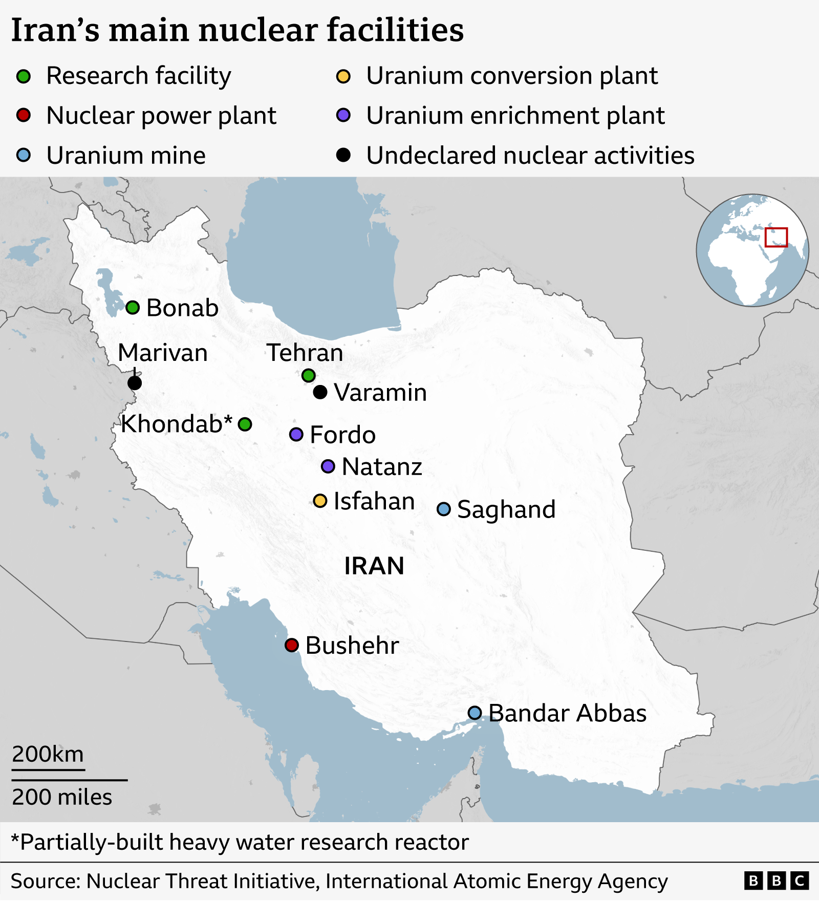 Map showing Iran's main nuclear sites