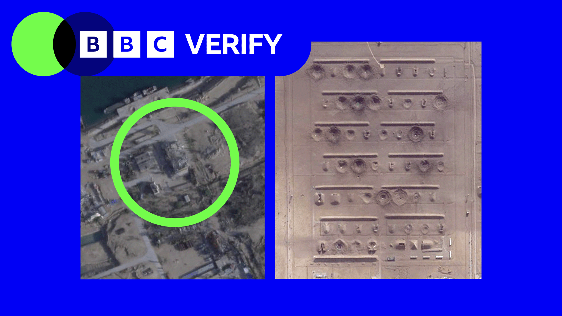 A composite image of two satellite images. The image on the left shows a damage building with a green circle highlighting it. The image on the right shows multiple structures damaged. 