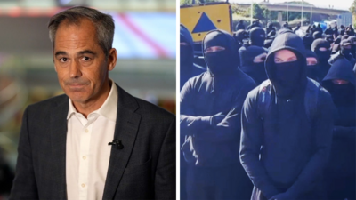 A split screen image. On the left, Daniel Sandford. On the right, migrant protests in Dover and Portsmouth.