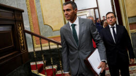 Spain's Prime Minister Pedro Sanchez at the parliament for a session to address the mass crossing of migrants into the enclave of Ceuta in late July, in Madrid, Spain.