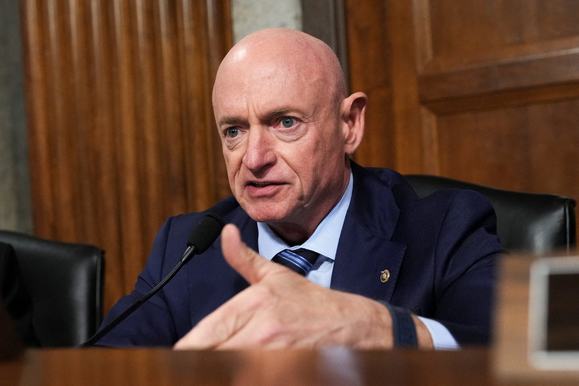 Committee member of the Senate Armed Services Committee, U.S. Senator Mark Kelly (D-AZ) questions U.S. Defense Secretary Pete Hegseth during a Senate Armed Services Committee hearing