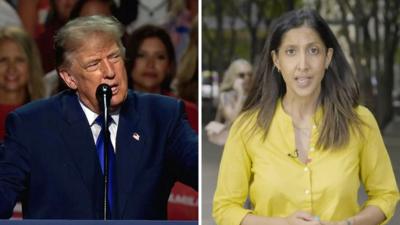 A splitscreen of Trump on the left and a woman in a yellow shirt on the right.