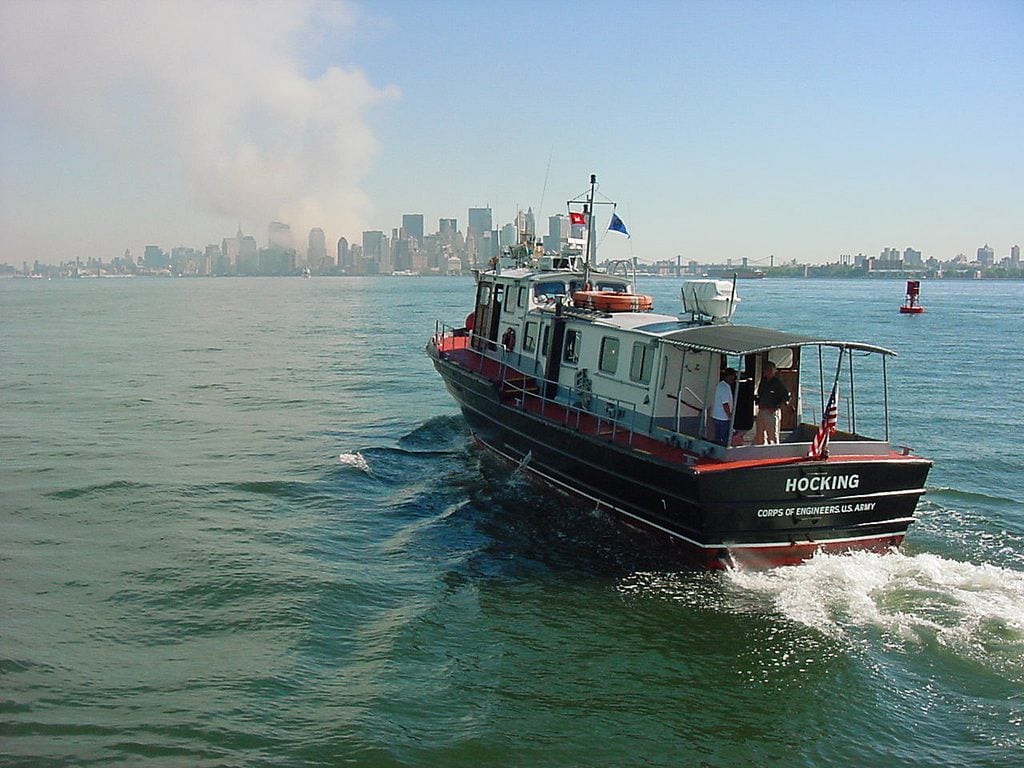 Patrol Boat Hocking heads toward lower Manhattan on 9/11 to provide assistance following the attacks on the World Trade Center.