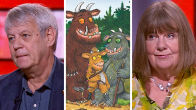 A split screen image of Axel Sheffler, three characters from Gruffalo Granny and Julia Donaldson.