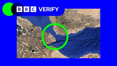 A satellite image highlighting the Bab al-Mandab Strait. There is blue and green BBC Verify branding in the top left.