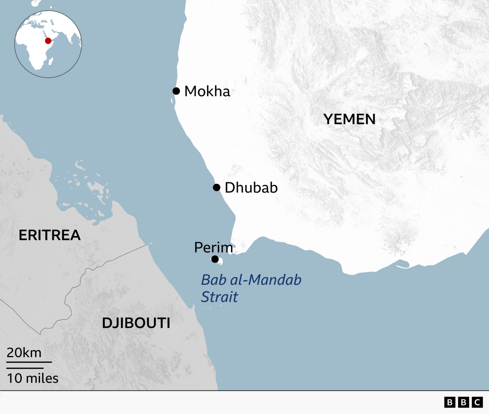 Map of Yemen with Perim, Dhubab and Mokha represented with black dots