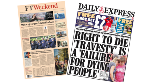 The headline on the front page of the FTWeekend reads: “Military jet tripped air traffic chaos”. The headline on the front page of the Daily Express reads: “Right to die 'travesty' is a 'failure for dying people'”.