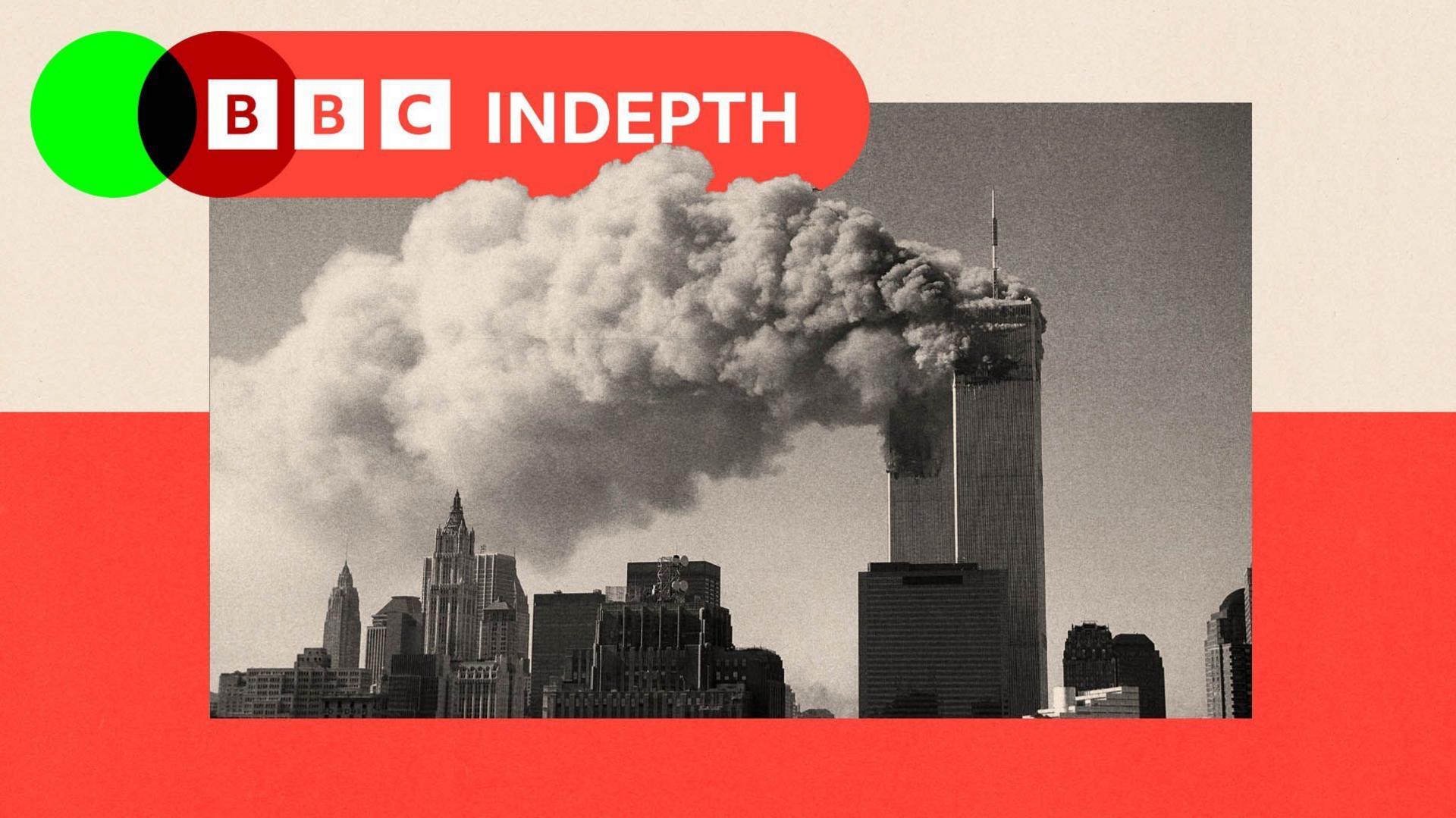 A treated image of smoke pouring from the twin towers of the World Trade Center after they were hit by two hijacked airliner