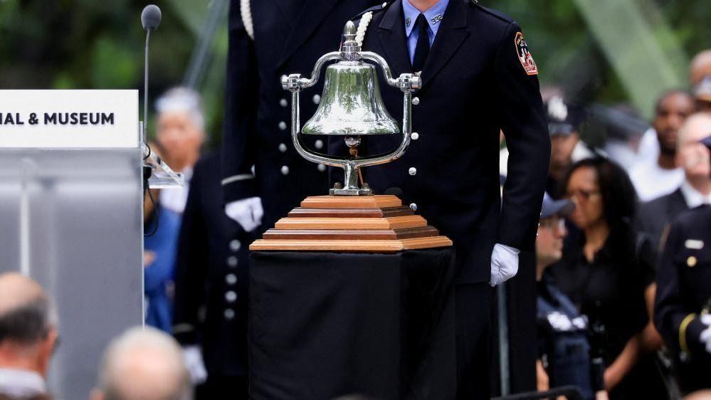A ceremonial bell sits at the 9/11 Memorial during a ceremony marking the 25th anniversary of the September 11, 2001 attacks