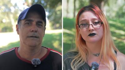 On the left, a man in a black shirt; on the right, a woman in a green shirt.
