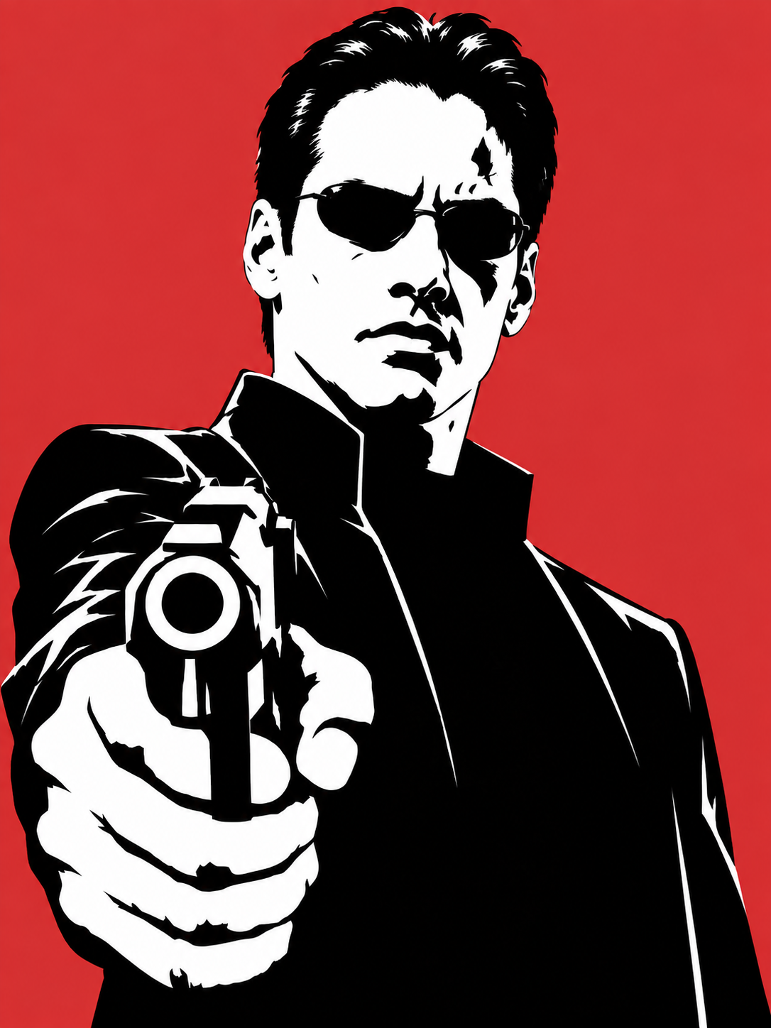 Neo from The Matrix aiming a pistol toward the viewer, in flat black-and-white stencil art.