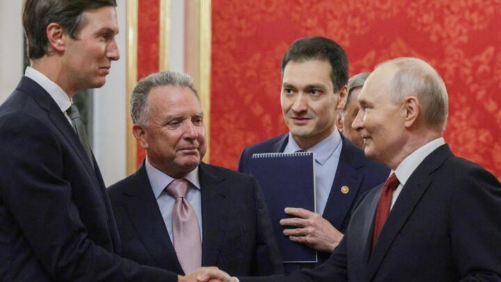 Russian President's special envoy Kirill Dmitriev accompanies US special representatives Jared Kushner and Steve Witkoff upon their arrival at Vnukovo International Airport in Moscow, Russia, on September 5, 2026.