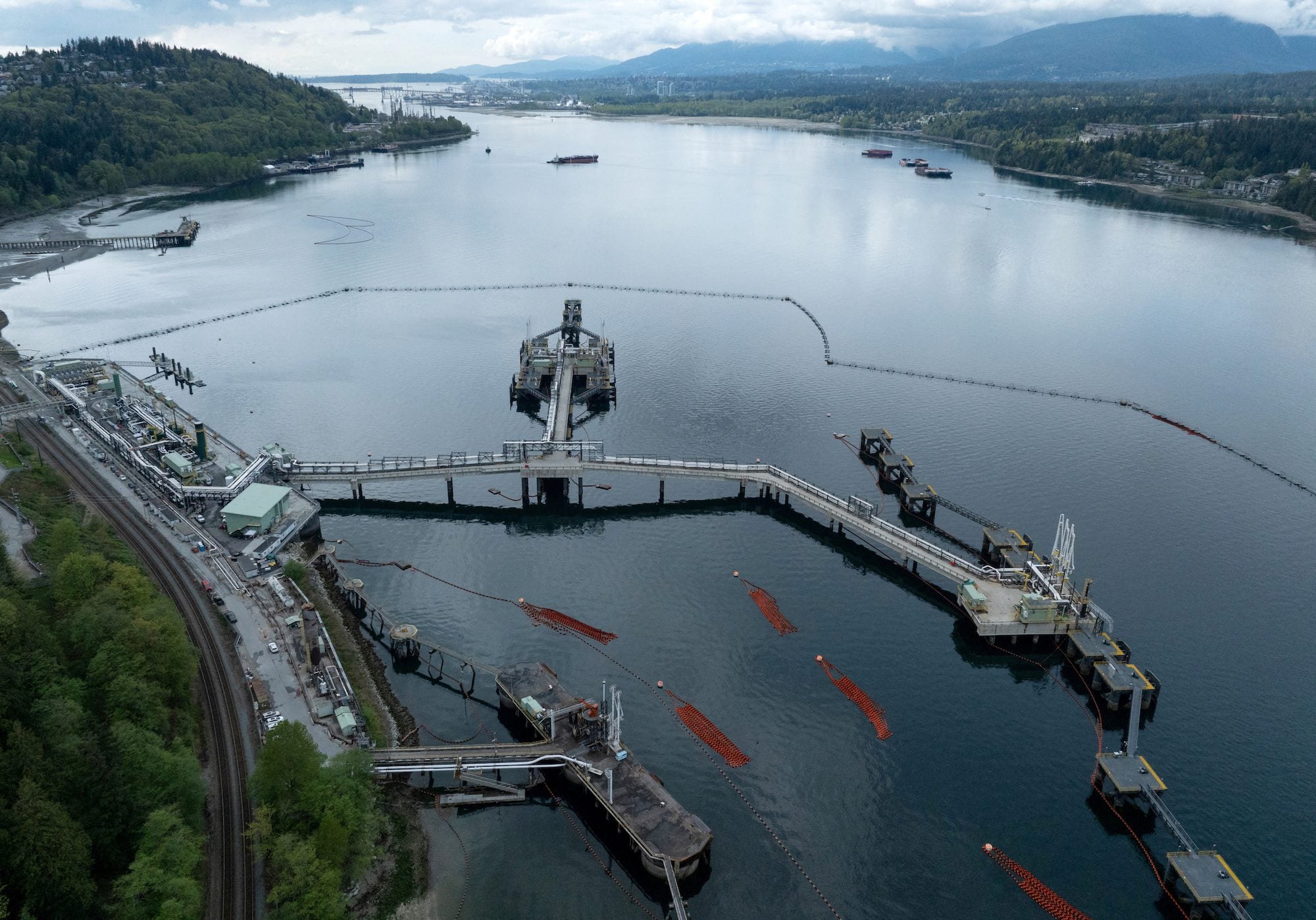 A drone view of three berths able to load vessels with oil is seen after their construction at Westridge Marine Terminal, the terminus of the Canadian government-owned Trans Mountain pipeline expansion project in Burnaby, British Columbia, Canada, April 26, 2024. REUTERS/Chris Helgren/File Photo