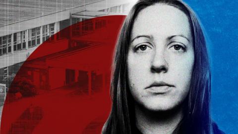 Designed image using Lucy Letby mugshot with hospital in background 