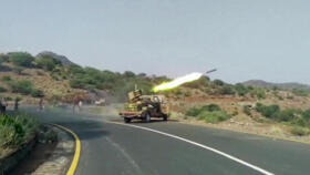 A rocket fired by the Riyadh-backed National Resistance Forces at Houthi fighters on the Kadha front, in Yemen's western Taiz province