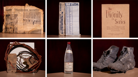Several items, including an old brown newspaper, battered hobnail boots and a bottle of Schweppes bottled water are displayed side by side in a six-way composite image.