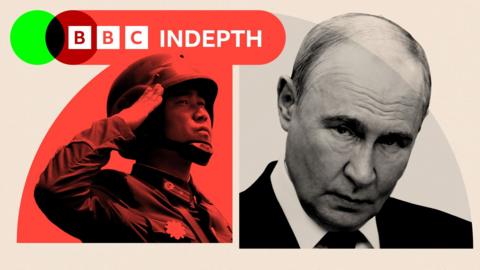 Two treated images: One of a North Korean Soldier and a close up image of Vladimir Putin