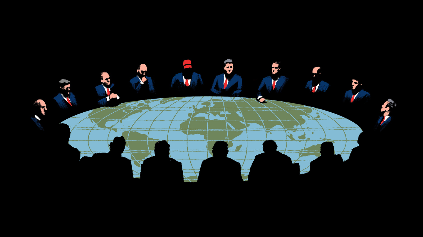Color illustration of conference table shaped like oval world map with ring of silhouetted and shadowy figures seated around it, one wearing red hat, on black background.