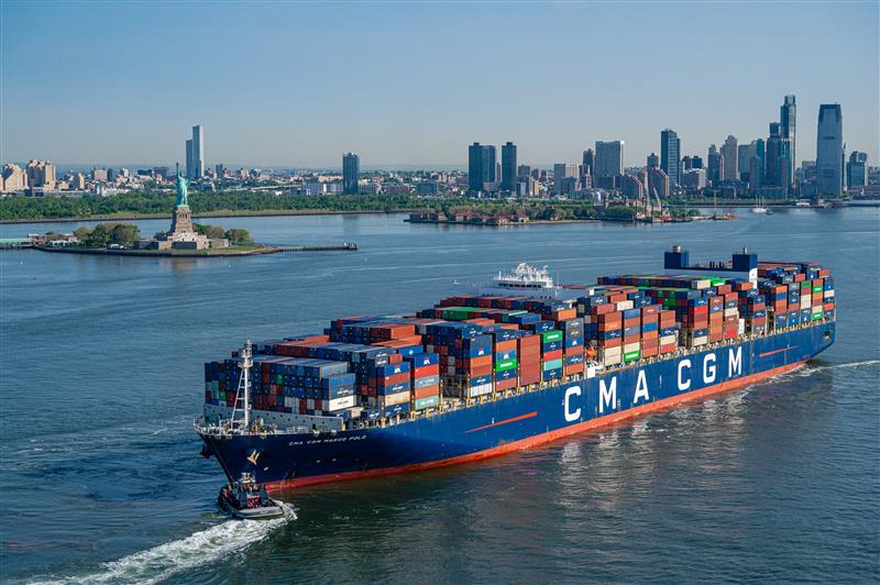 Aerial of CMA CGM Marco Polo in New York Harbor