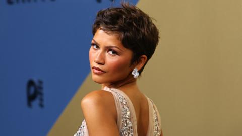 Zendaya in a jewelled dress looking behind her