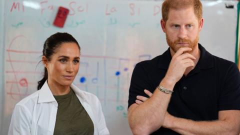 The Duke and Duchess of Sussex listen to a music class