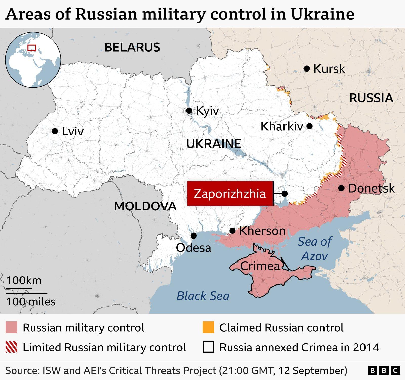 Map of Ukraine showing areas under Russian military control. Territories under Russian control are shaded pink, including Crimea, most of the occupied areas of Donetsk, large parts of Zaporizhzhia and Kherson regions, and a continuous belt of territory along the Sea of Azov connecting Crimea to eastern Ukraine. Areas of limited Russian control are marked with red diagonal hatching along parts of the front line, while small areas of claimed Russian control are shown in orange near the Russian border. Major cities including Kyiv, Kharkiv, Donetsk, Kherson, Odesa, Lviv, and Kursk are labelled, along with neighbouring countries Belarus, Russia, and Moldova. An inset map highlights Ukraine's location in Europe. A scale bar shows 100 km and 100 miles. Source: ISW and AEI's Critical Threats Project, 12 September