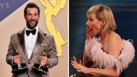 A composite image of 2026 Emmy Award winners Noah Wyle and Allison Janney.
