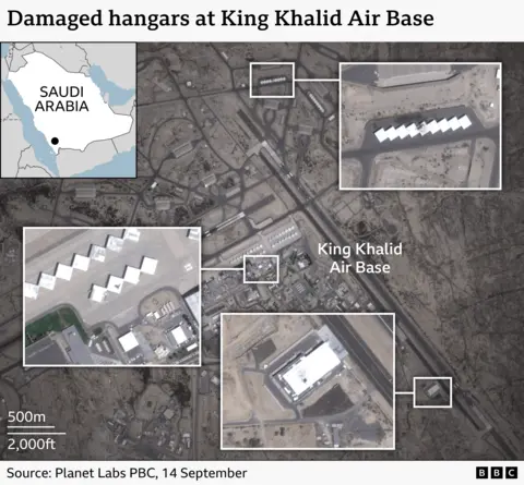 An image highlighting damaged hangars at King Khalid Air Base