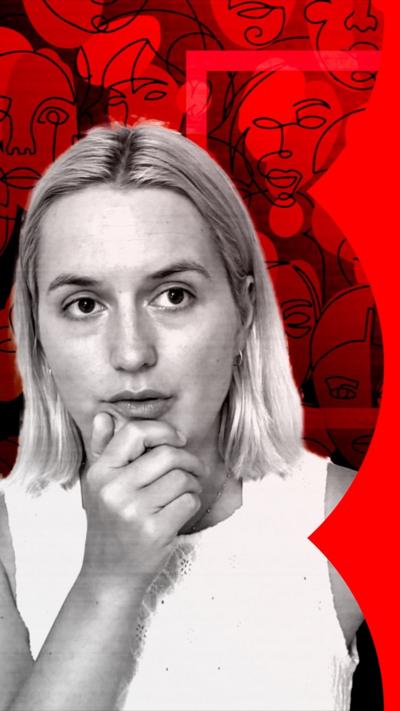 A woman with short blonde hair and wearing a white tank top looks puzzled. She is superimposed on a graphic of different faces.