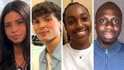 A four-way split pic using headshots of case studies Sarisha Ganesan, Oliver Walker, Chinaza Eke and Elijah Amoako