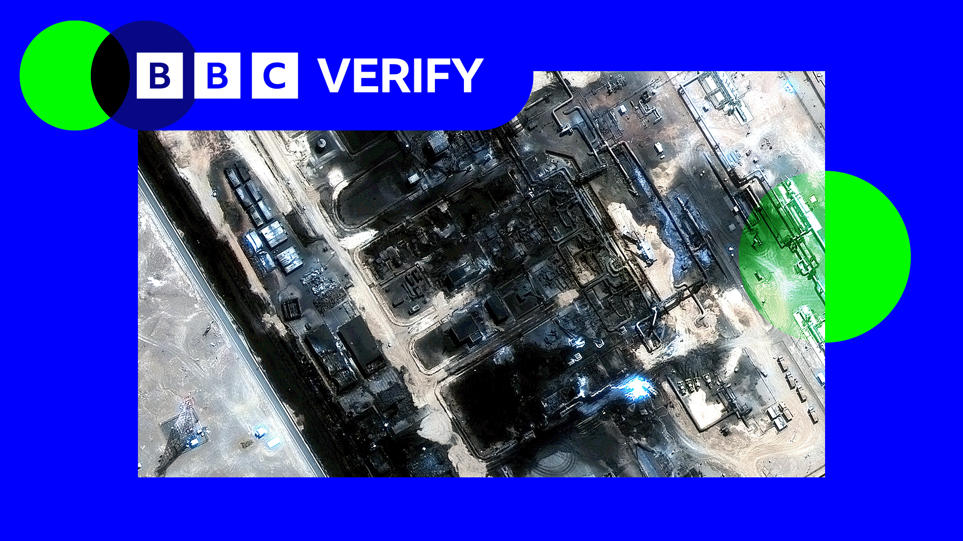 A satellite image of a damaged oil refinery 
