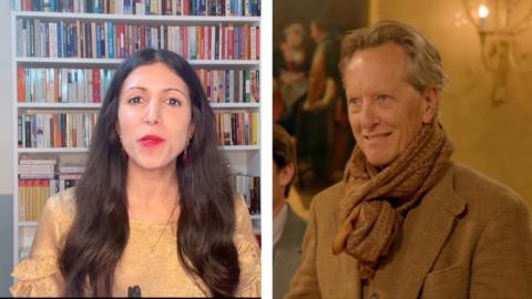 Composite of a female correspondent next to a still of Richard E Grant from the series